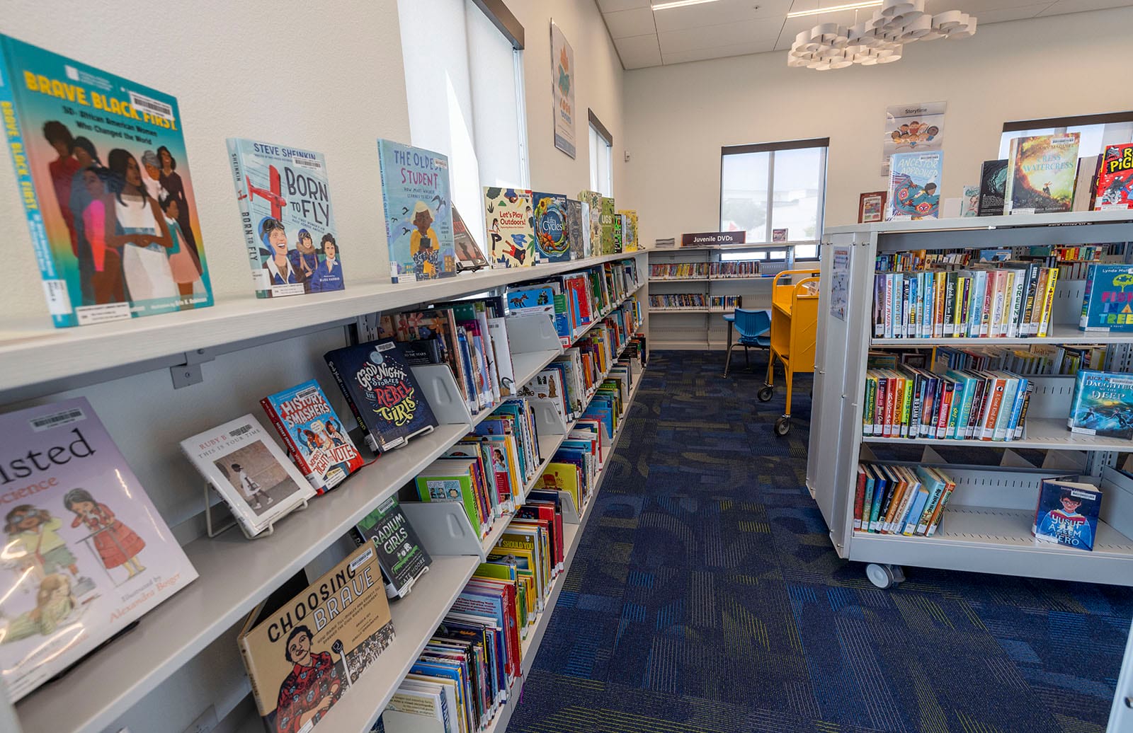 Photo of a book shelf in the kids area